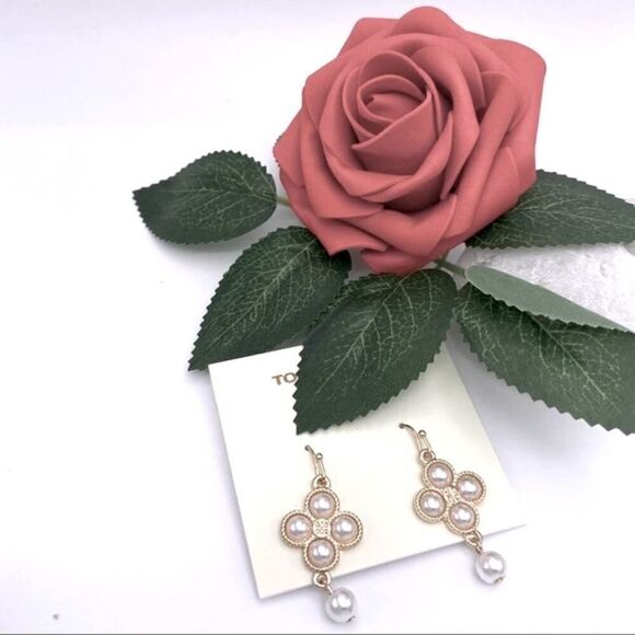 New Tory Burch Gold Four Pearl French Wire Dangle Earrings - Picture 7 of 8